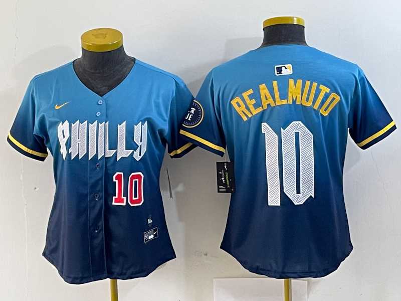 Women%27s Philadelphia Phillies #10 JT Realmuto Number Blue 2024 City Connect Limited Stitched Jersey